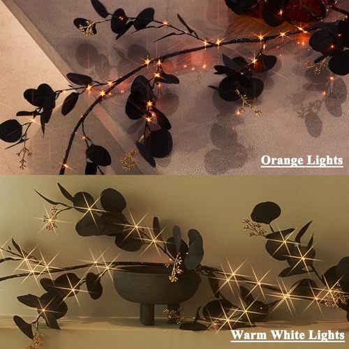 LITBLOOM Halloween Garland with Lights 6FT Battery Operated with Timer, Lighted Black Eucalyptus Garland with 96 Orange and Warm White Lights 10 Functions for Fireplace Table Fall Halloween Decoration - style: Black Eucalyptus