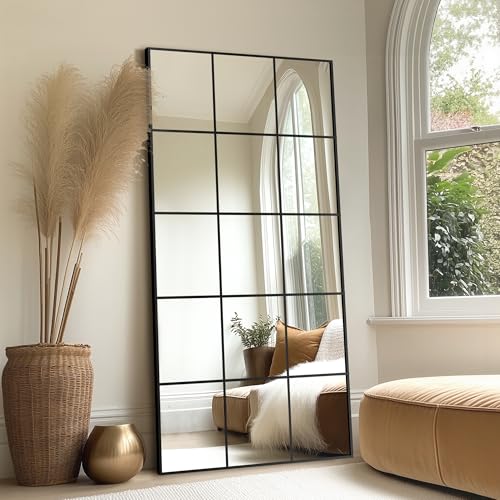 Delma Window Pane Full Length Mirror, 32"x64" Large Window Mirror, Black - size: 64"L x 32"W