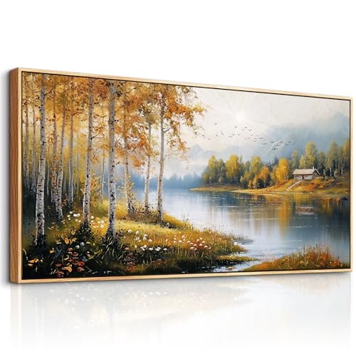 ERQINHUA Large Canvas Wood Framed Wall Art Living Room Wall Decor For Bedroom Forest Landscape Painting Lakeside Watercolour Wall Pictures Artwork Picture Office Farmhouse Home Decorations 24x48 In - color: Lakeside Landscape Wood Framed, size: 48"L x 24"