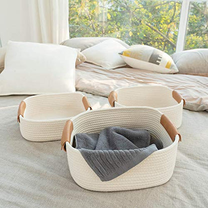 CHICVITA 3 Pack Woven Rope Gift Basket with Leather Handles, White - color: White, size: 11.4 x 10.6 x 5.5 Inch (3 Pack)