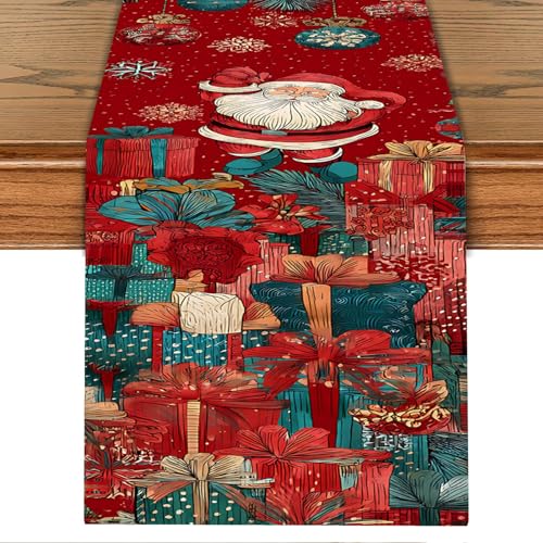 Christmas Table Runner 13 x 72 Inch, Vintage Santa Claus with Pine Branches and Gift Boxes, Red Festive Holiday Dining Table Decoration, Xmas Party Table Centerpiece - color: 102