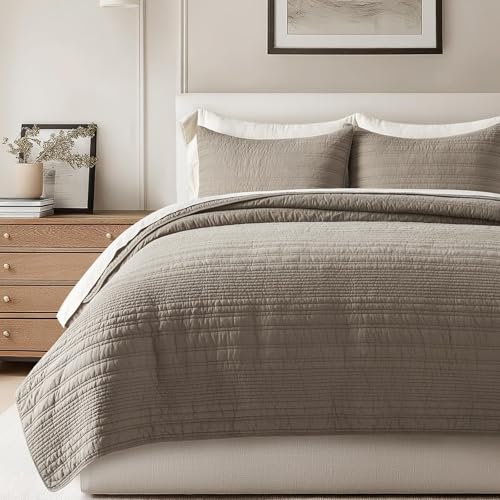 EVERGRACEHOME 100% Cotton Modern Lines Quilt Set Queen Size, Stone Taupe - color: Stone Taupe, size: Full/Queen (92" X 92")