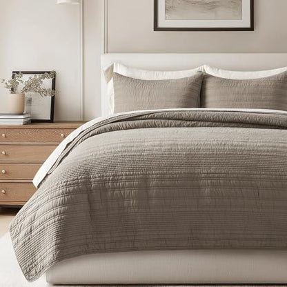 EVERGRACEHOME 100% Cotton Modern Lines Quilt Set Queen Size, Stone Taupe - color: Stone Taupe, size: Full/Queen (92" X 92")