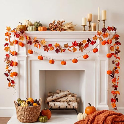 Yinder 2 Pack 6.56 ft Fall Mantle Decor Garland Pumpkins Velvet with 5.8 ft Artificial Maple Leaf Hanging Vine for Fireplace Mantle Wall Autumn Harvest Farmhouse Thanksgiving Home Wedding Decor