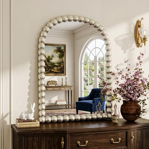 30"×38" Silver Arched Wall Mirror, Vintage Beaded Decorative - color: Silver, size: 38"L x 30"W