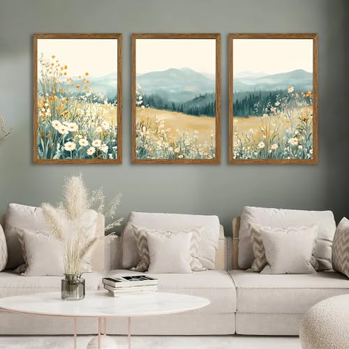 AVECCO 3 Pieces Wildflower Meadow Mountain Framed Canvas Wall Art 20x30 in - color: Mountain flowers, size: 30"L x 20"W