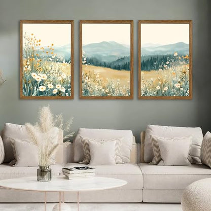 AVECCO 3 Pieces Wildflower Meadow Mountain Framed Canvas Wall Art 20x30 in - color: Mountain flowers, size: 30"L x 20"W