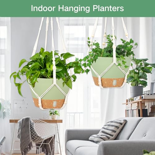 QCQHDU 2 Pack Hanging Planters for Indoor Outdoor Plants, 8 Inch Hanging Baskets Flower Pots with Reservoir Tray & Visible Water-Level (Macrame Hanger) - color: Green, size: 8 inch with Macrame Hanger