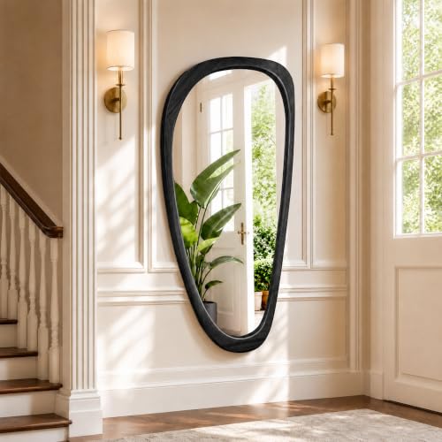 48" x 22" Asymmetrical Mirror, Solid Wood Frame, Irregular Design - color: Black, size: 48"L x 22"W