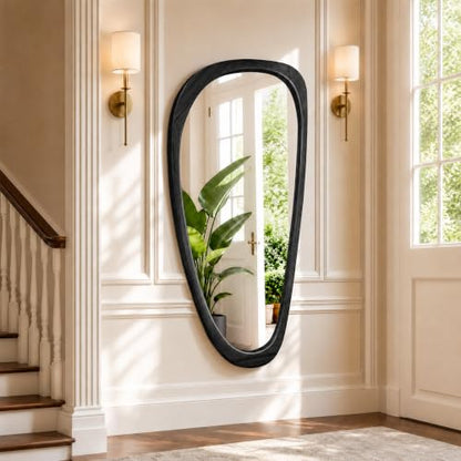 48" x 22" Asymmetrical Mirror, Solid Wood Frame, Irregular Design - color: Black, size: 48"L x 22"W