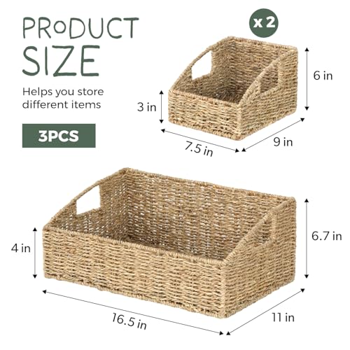 Set of 3 Handwoven Storage Baskets – Decorative Natural Wicker Organizer Bins with Built-in Handles for Bathroom, Kitchen, Pantry, Nursery, Closet, Laundry, Living Room, and Home Use - color: Dark Brown