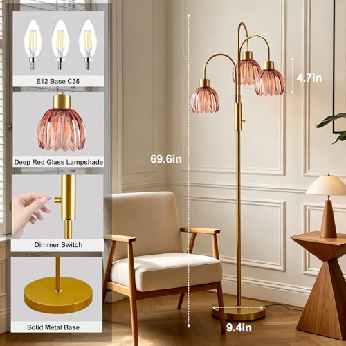 Red Lotus Glass Floor Lamp 3-Light 70" Gold Dimmable Tall Standing Lamp - color: Deep Red Lotus-Gold