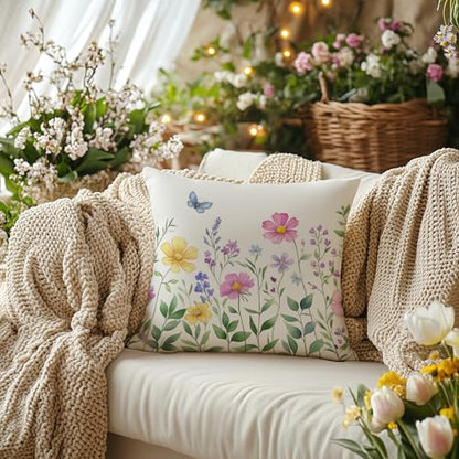 AACORS Spring Pillow Cover 16X16 Set of 2,Flower Butterfly Decorations Farmhouse Seasonal Summer Pillow Case Decor for Sofa Couch AA056-16-2 - size: 16" x 16" (Pack of 2)