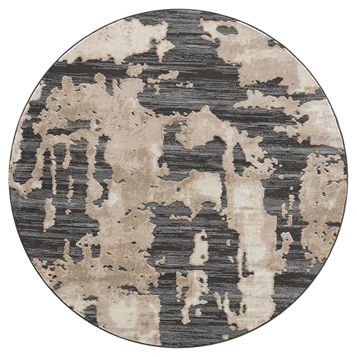 Abani Black and Cream Area Rug | 6' Round Tan and Beige Abstract Pattern | Perfect for Living Room and Bedroom | Terra Collection - color: Grey, size: 6' (Round)
