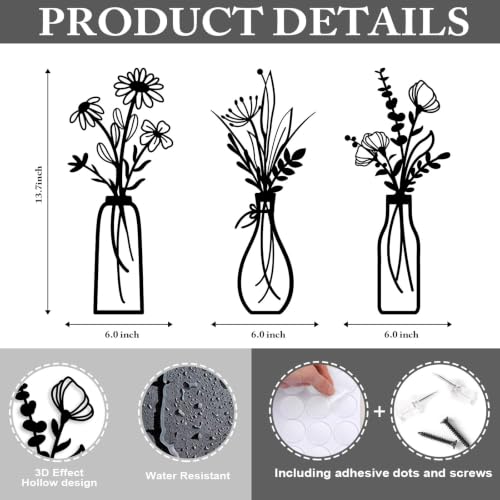 Pigort 3 Pieces Metal Flowers Wall Arts - Rustic Farmhouse Decor Black Minimalist Flower Wall Decors for Living room Bathroom Bedroom Dining Room - Housewarming Gifts(Black, Vase-C) - color: Black
