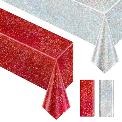 Red & Silver Carnival Laser Tablecloth 40" x 108" Shining Christmas Holiday Holographic Table Cloth Birthday Graduation Party Table Cover Plastic Foil Party Supplies For Anniversary Baby Shower - color: Red & Silver