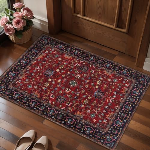 Oriental Red 2x3 Washable Rugs for Entryway, Non Slip Small Entry Rug - color: Floral/Red, size: 2' X 3' (Rectangular)