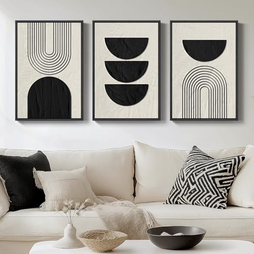 Framed Boho Black and White Abstract Wall Art Set, 3 Piece Canvas Prints - color: Geometric - D, size: 16" W x 24" H x 3Pcs