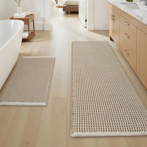 Upgraded Waffle Bath Mat Set of 2 Absorbent Bathroom Mat 18"x30" + 24"x48" - color: Brown & Cream, size: 18" x 30" + 24" x 48"