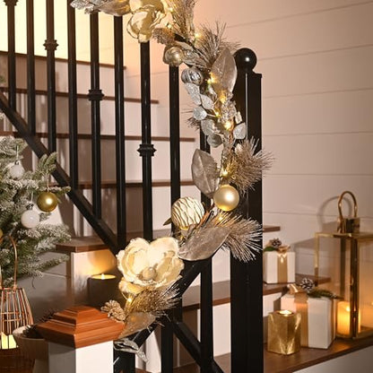 Valery Madelyn 9 Feet Pre-Lit Christmas Garland with White Gold Flower - color: Champagne Gold, size: 9 feet