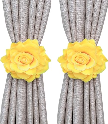 Curtain Tiebacks, Rose Magnetic Curtain Holders，Elegant 2 Pack Decorative Rope Holdback Holder, Home Decor Thin or Sheer Window Drapries Bed Canopy (Yellow) - color: Yellow-2pack