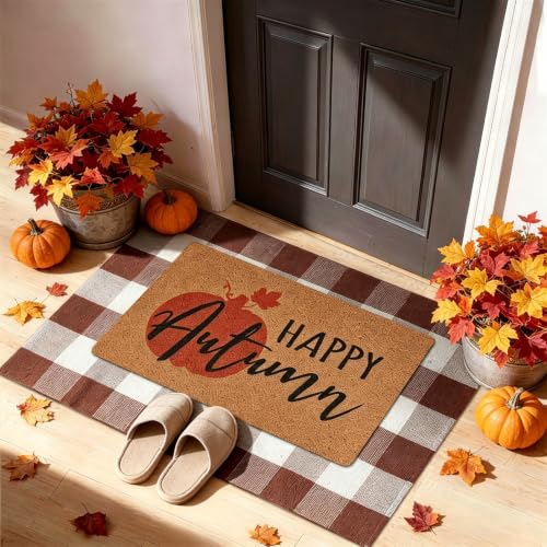 2-Piece Fall Front Door Mat Set, Coir Mat & Brown White Buffalo Plaid Mat - color: Brown and White