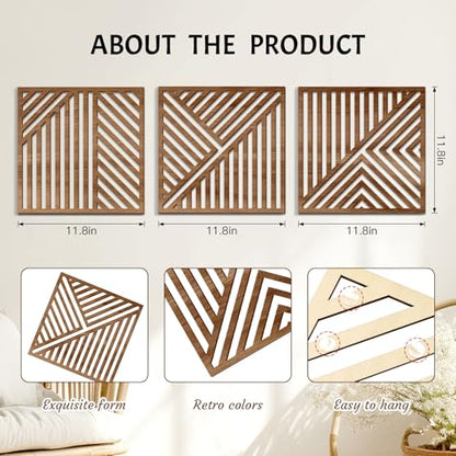 Bnesi 3 Piece Abstract Geometric Wood Wall Art Decor Modern Boho Minimalist Slatted Design Wall Sculpture Art Decor for Living Room Bedroom Home Bathroom (Classic, Medium) - style: Classic