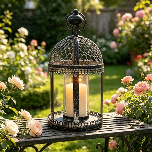 Vintage Distressed Black Metal Lantern, 12.99" H Decorative Candle Lantern with Chicken Wire Design, Farmhouse Candle Holder for Indoor Outdoor Wedding, Patio, Tabletop Decor - color: Black With Chicken Wire