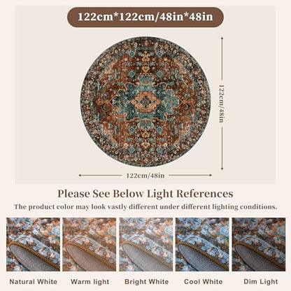 Ciicool 4ft Round Boho Area Rug,Washable Circle Throw Rugs for Entryway - color: Brick Red/Dull Teal, size: 4' (Round)