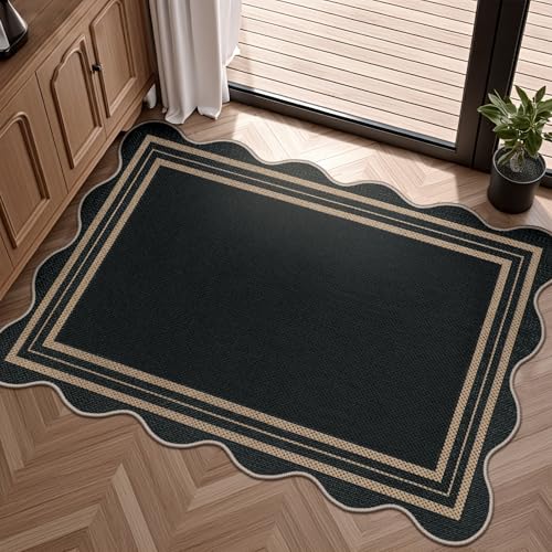 Easy Jute Black Entryway Rug, 2x3 Front Door Mat Washable Non Slip Small Kitchen Rug, Indoor Outdoor Farmhouse Scalloped Doormat for Porch Bathroom Doorway - color: Black Geometric, size: 2'x3' (Rectangular)