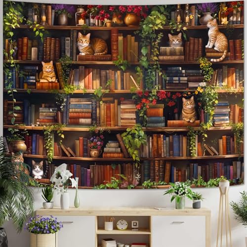 Accnicc Plant Cat Bookshelf Tapestry Botanical Floral Flower Cats Book Tapestries Wall Hanging Vintage Library Small Tapestry for Bedroom Living Room Dorm 60 x 44 inch - color: Green Brown, size: 60"L x 44"W
