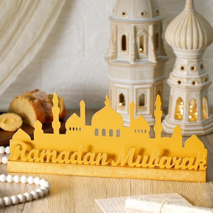 13.78 Inch Metal Ramadan Table Sign Ramadan Mubarak Letter Sign Eid Decorations for Home Muslim Golden Palace Islamic Table Centerpiece for Islamic Home Office Kitchen Party Decor Gifts - style: Modern