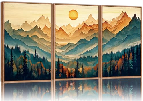 Tinonedraw Large Mountain Framed Canvas Wall Art Set of 3, Boho Nature Forest Wall Decor, Neutral Wooden Pine Trees Artwork, Sunrise Ridge Landscape Art Printing for Living Room Bedroom Office 16"x24" - color: Boho Mountains, size: 24"L x 16"W