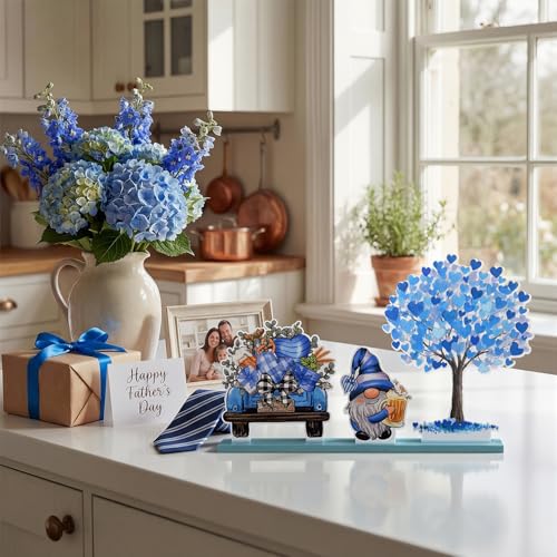 Smile Father's Day Wooden Table Decor Blue Heart Tree Beer Truck Gnome with Beer Desktop Decorations for Home Office Shelf Gift for Dad Husband Grandpa - style: Tree Dad