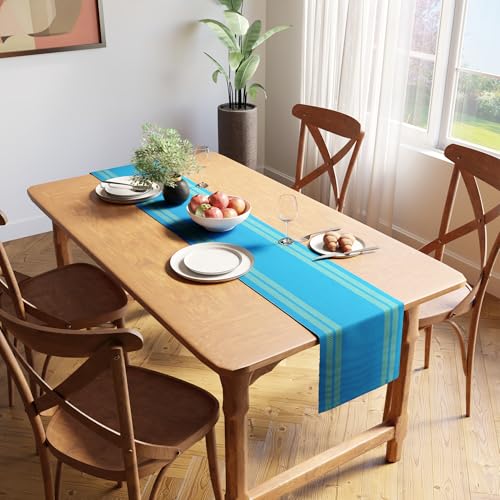 Encasa XO Table Runner, Yarn Dyed Ribbed Cotton 13"x72" - color: Ladder Turq Blue, size: 13x72 in