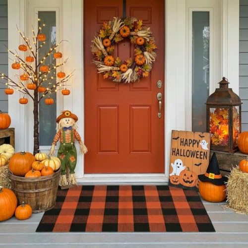 MUBIN Fall Decor Cotton Buffalo Plaid Rug, 27.5x43 Orange Black Outdoor Rug Front Door Decorative Mat, Washable Halloween Doormat Foldable Area Rug Layered Door Mats Rug for Front Porch, Entryway - color: Orange Black Plaid, size: 2'3" x 3'7" (Rectangular