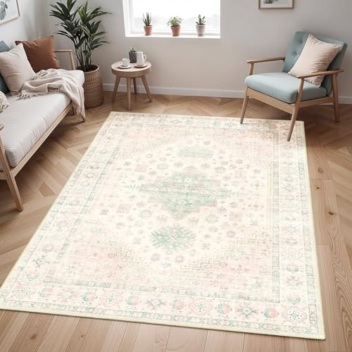MUJOO Washable Rug 4x6.5 Boho Area Rugs Low Pile Non Slip Pink and Green - color: Pink and Green, size: 4' x 6'5" (Rectangular)