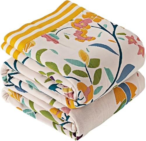 Boho Throw Blanket for Bed 100% Cotton Bohemian Blankets Ultra Soft Woven Muslin Decorative Blankets All Seasons Vintage Quilt Knitted Blanket for Sofa Chair(Yellow, 60"x80") - color: P-1--yellow, size: 60"x80"