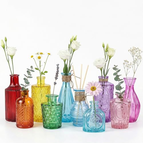 10Pcs Colored Glass Bud Vase Set,Embossed Mini Small Vintage Flower Vases - color: Colorful, size: 10PCS