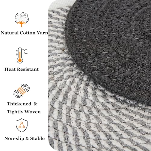 Gray Cotton Placemats Set of 4, 7 Inch Round Mats with Basket