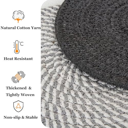 Gray Cotton Placemats Set of 4, 7 Inch Round Mats with Basket