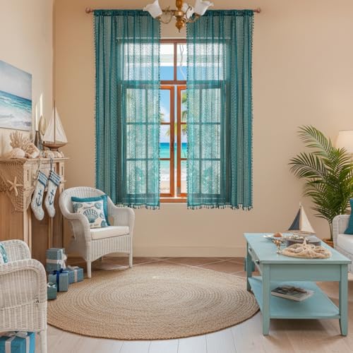 WAZZIO Boho Lace Curtains 63 Inches 2 Panel,Light Filtering Privacy Tassel & Geometry Crochet Semi Sheer Curtain Drapes for Bedroom Living Dining Room,Rod Pocket & Tassel,Coastal Style,Teal - color: Teal, size: 59"W x 63"L (Pack of 2)