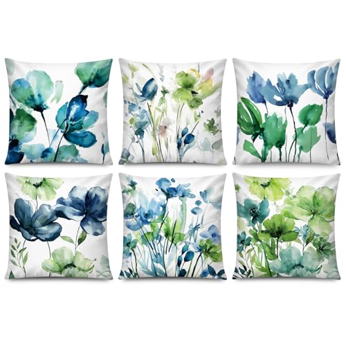 COMMINY Blue Green Linen Pillow Covers 18x18 Set 6 Floral Throw Cover - color: Blue Green Hydrangea Flower, size: 18" x 18" (Pack of 6)