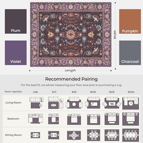 8x10 Vintage Botanical Purple Gray Living Room Area Rug Oriental Washable - color: Plum/Purple/Rust/Charcoal, size: 8' x 10' (Rectangular)