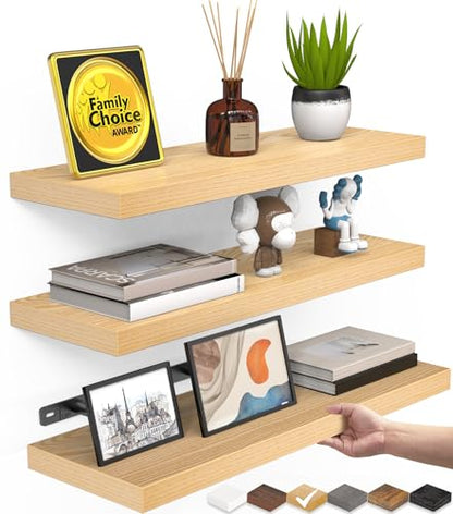 BAYKA Light Oak-Toned Floating Shelves 15.7in, Set of 3, Wall Mounted Shelf - color: G. Oak-toned - Mid-century Revival Style, size: 15.7inches