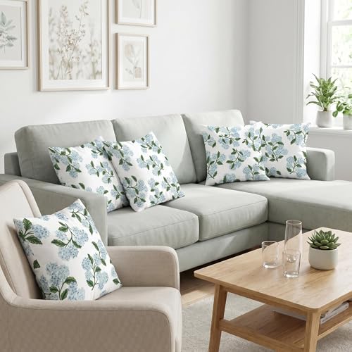 COMMINY Blue Dhalia Linen Pillow Covers 18x18 Set 6 Farmhouse Throw Cover - color: Green Flower, size: 18" x 18" (Pack of 6)