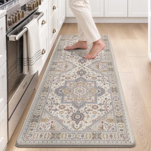 LUMI Kitchen Floor Mat Cushioned Anti Fatigue Runner Rug, 24"x59" - color: Cream & Multi, size: 59"L x 24"W x 0.4"Th