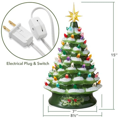 Casafield Hand Painted Ceramic Christmas Tree, Green Snow Flocked 15-Inch Pre-Lit Tree with 128 Multi-Color Lights and 2 Star Toppers - color: Green Snow Flocked