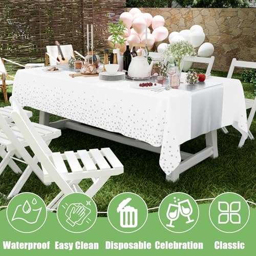 Smiry Disposable Rectangle Plastic 54 x 108 Inch Table Cloth 3 Pack - color: White and Sliver