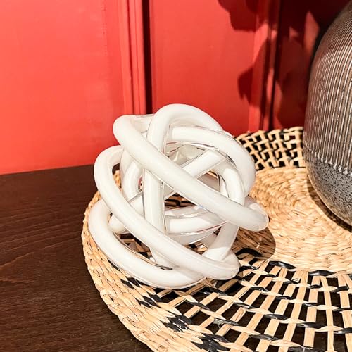 Glass Knot Teal Decor Ball - 5 Inch Hand Blown Infinity Sculpture Orbit Home Decor Table Decoration Interio Art - color: White, size: 5-Inch Diameter